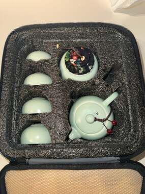 Portable Ru Kiln Celadon Ceramic Travel Tea Set with 4 Cups, Teapot, Bamboo Tray